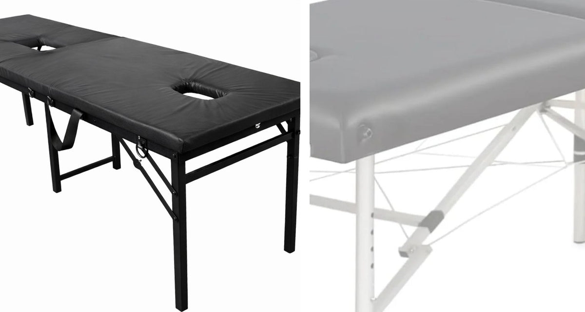 MILKER milking table with no cables underneath next to a standard massage table with cables