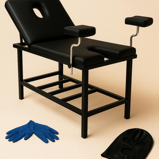 Sex Table with Leg Stirrups–Black Sex Furniture with Metal Frame & PU Leather–The Spicy Collection